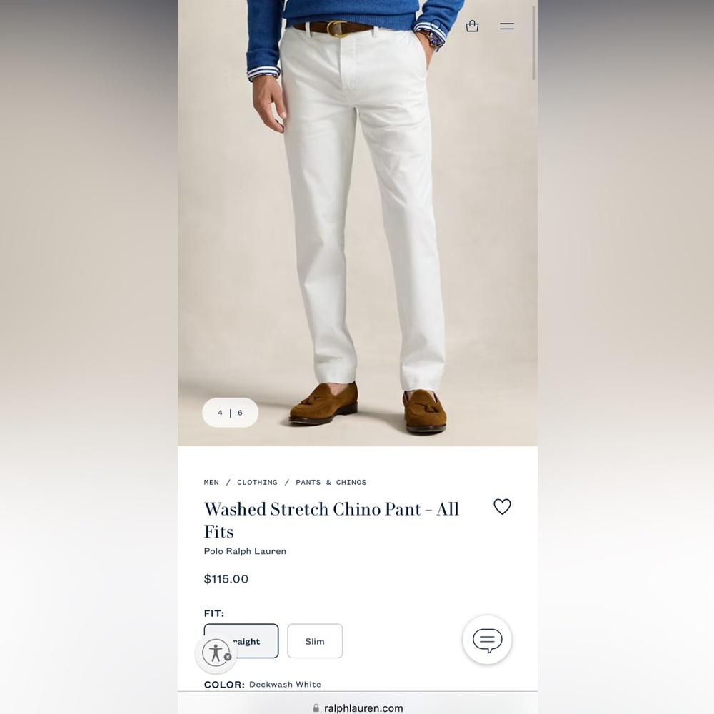 Polo By Ralph Lauren, Washed Stretch Chino Pants, men’s 34x32 NWT all white